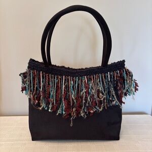 Black Faux Suede Purse Beaded Fringe, Creative Dimensions by Kerstin Hillebrand